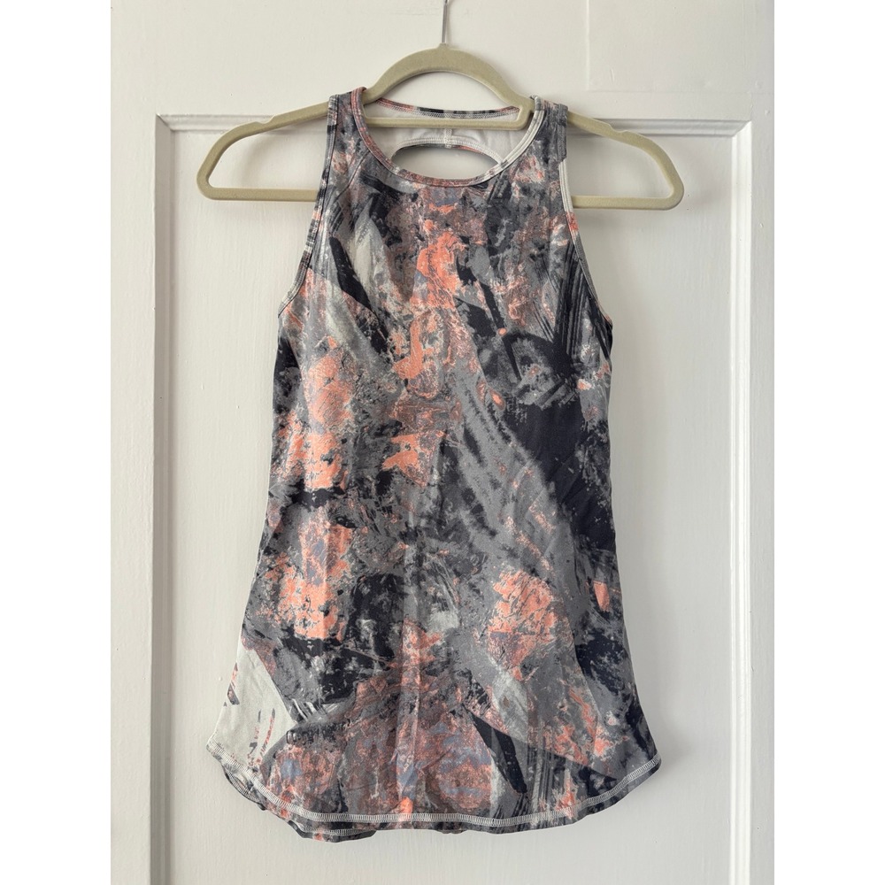 Lucy Womens Abstract Print Racerback Tank Top with Shelf Bra Grey Coral Y2K XS/S